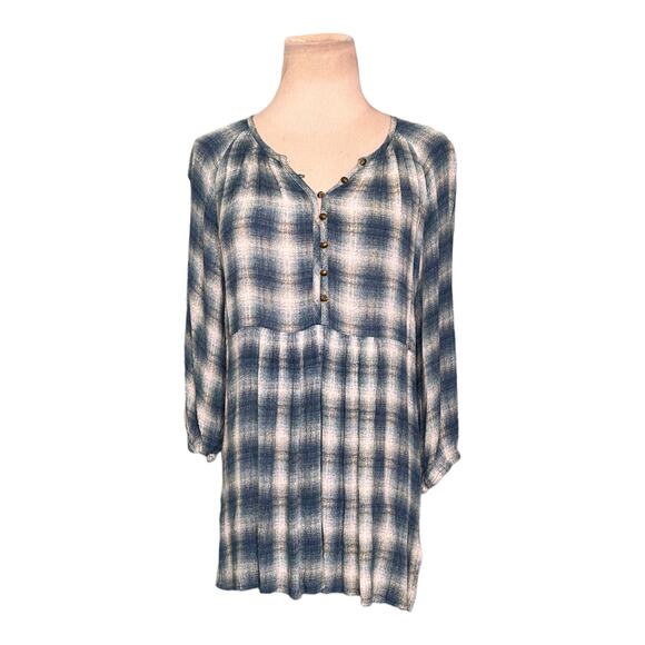Maeve blue plaid 3/4 sleeves v neck tunic top blouse size small - Picture 1 of 15